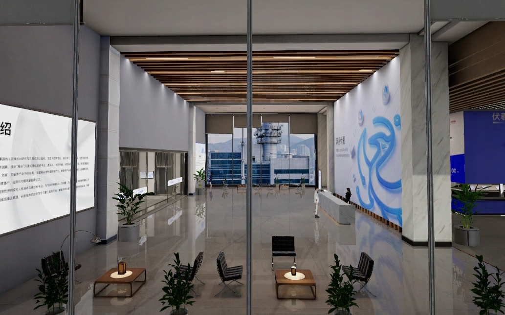 这是一幅现代办公大楼的大厅图片，墙上挂有标语，室内设计简洁，地面反光，有几盆绿植和休息区的椅子。