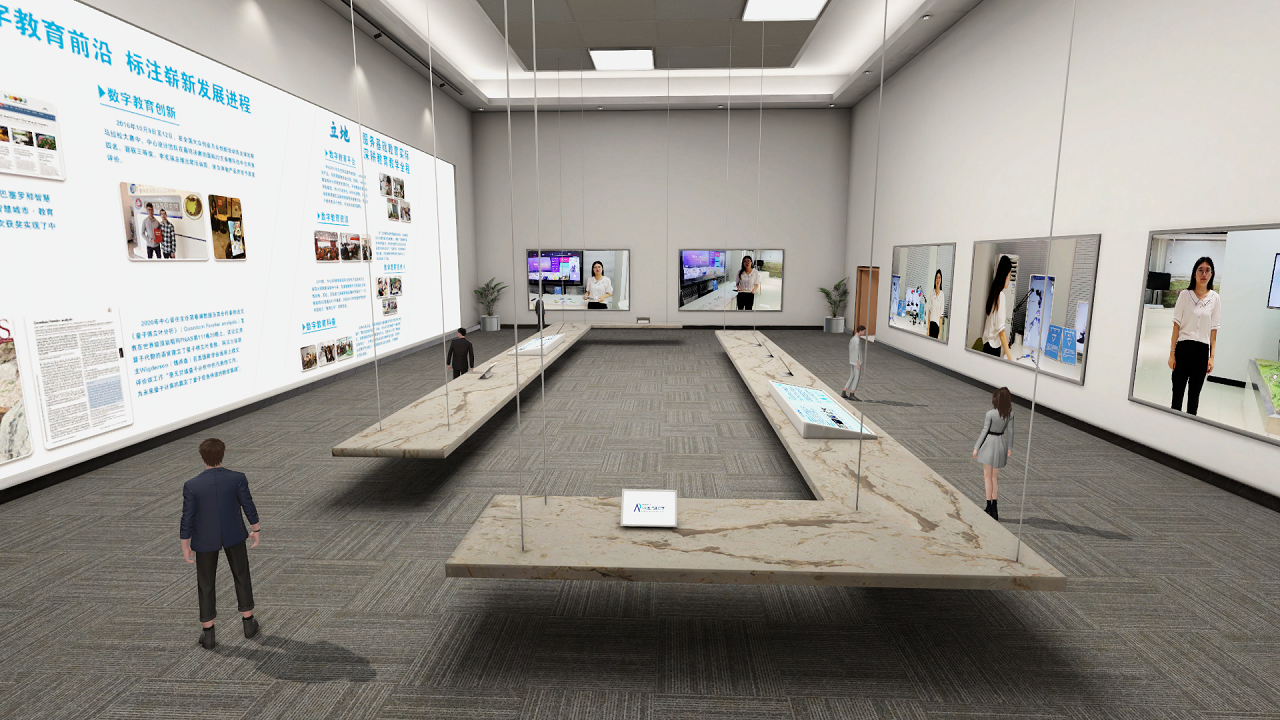 这是一间展览厅内部，墙上挂有展板和屏幕，中央有展示台，几位参观者正在观看展出的物品和信息。