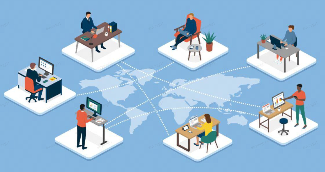 图片展示了六位不同地点的人正在远程工作，他们通过互联网连接，象征全球化和现代远程办公的趋势。
