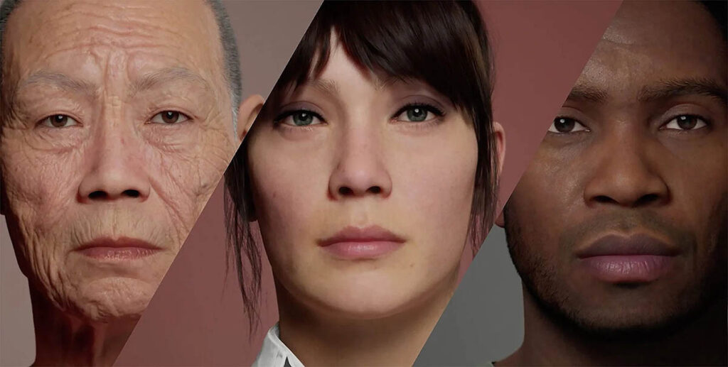 图片展示了三个人的面部特写，从左至右分别是一位老年亚洲男性、一位年轻白种女性和一位年轻黑种男性。