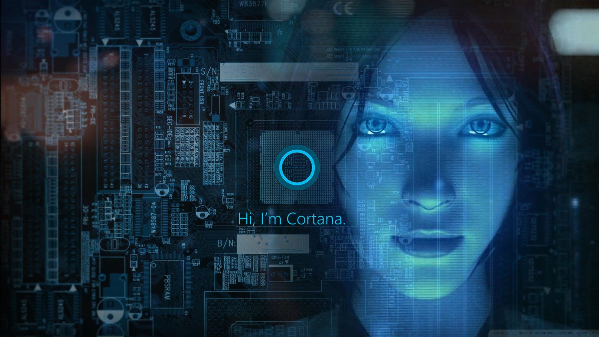图片展现了一位女性形象的数字助手，背景是电路板，她的名字“Cortana”显示在屏幕上，体现了高科技和人工智能的融合。