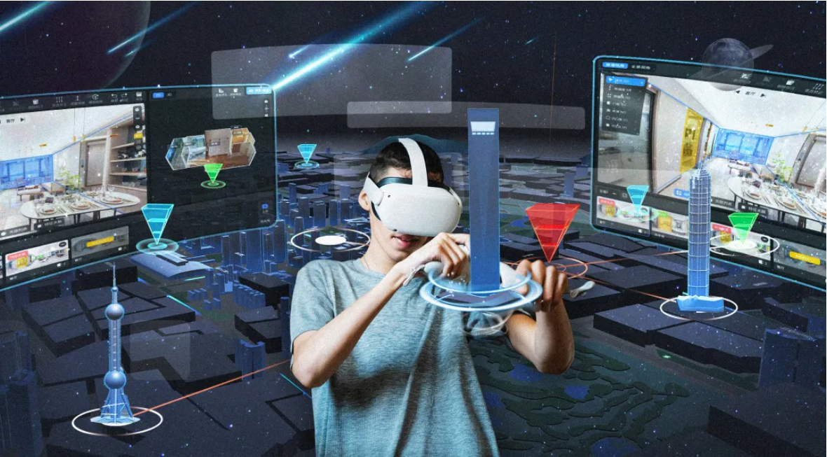图片展示一位佩戴虚拟现实头盔的人，身处科幻风格的数字空间中，周围是浮动的屏幕和抽象的数据结构。
