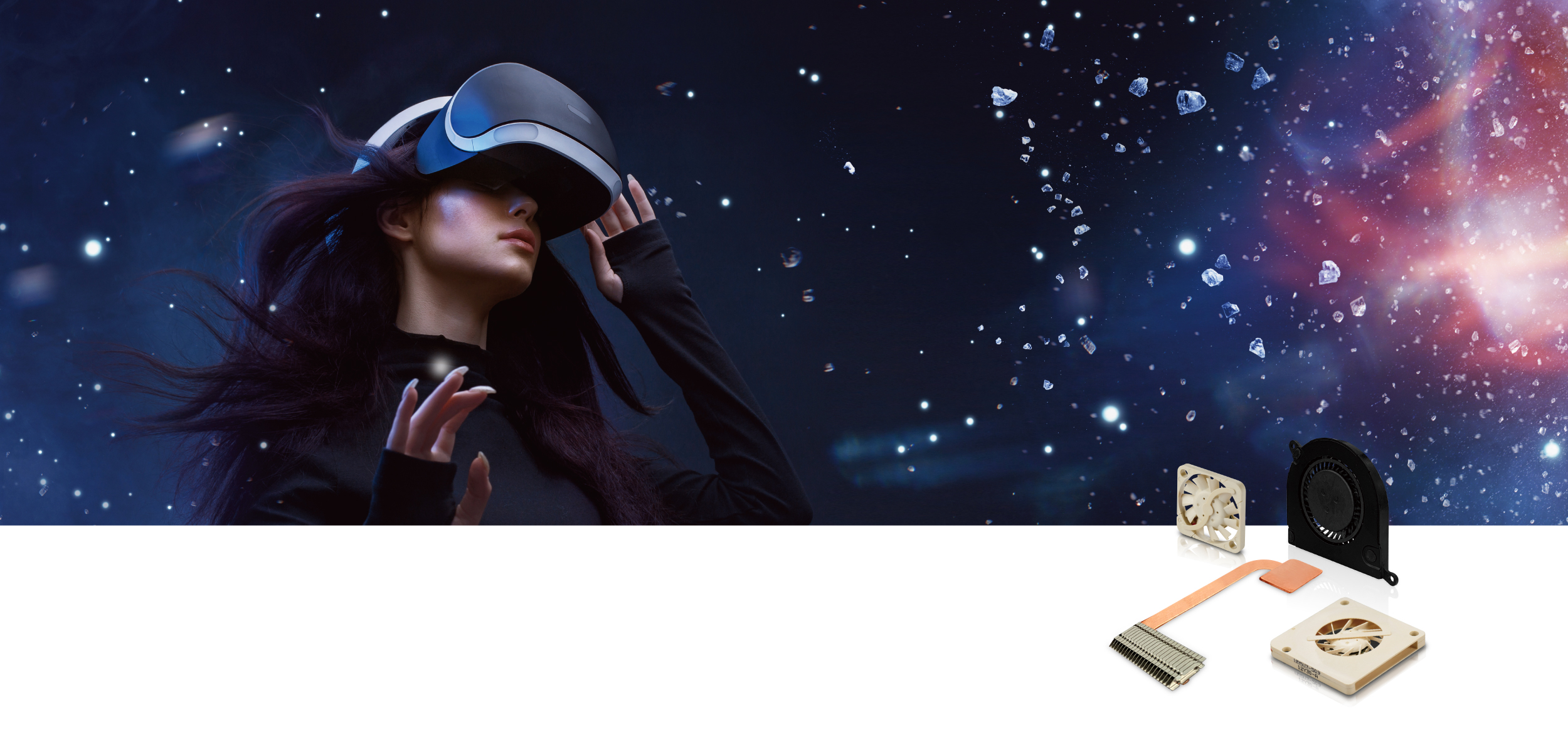 图片展示一位女性戴着虚拟现实头盔，背景是星空和飘浮的水滴，旁边有VR设备和配件。