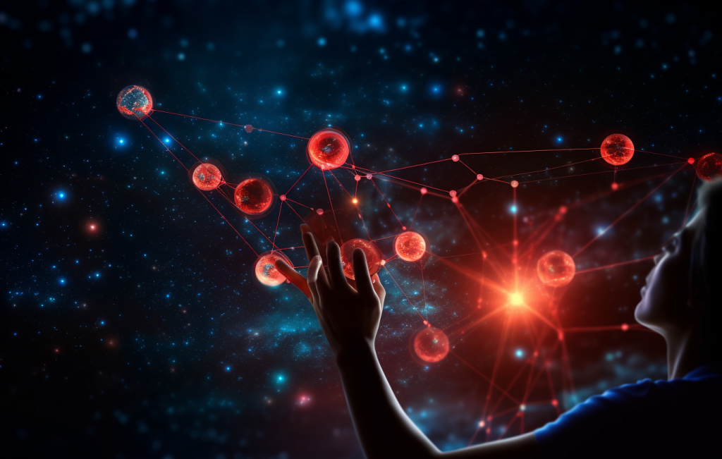 图片展示了一位女性在夜空星辰背景前，用手触摸着一系列光点构成的虚拟网络，似乎在进行科技互动。