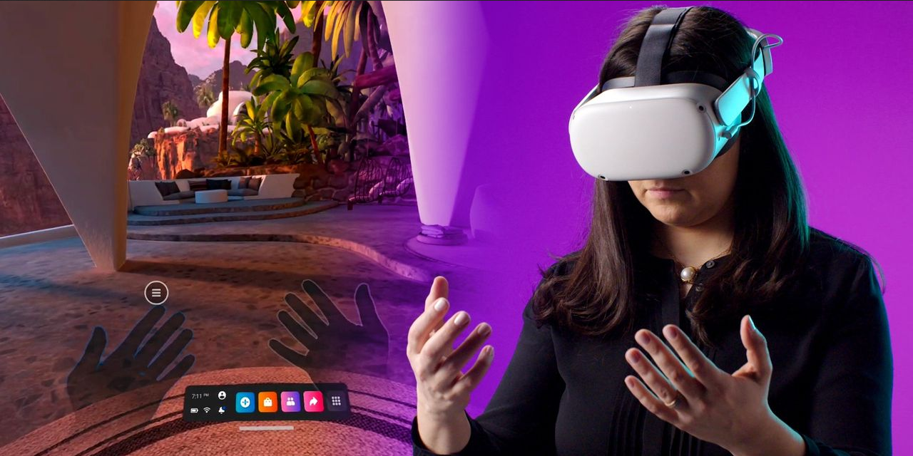 图片展示一位女士戴着虚拟现实头盔，似乎在进行交互式体验，背景是虚拟的热带环境和用户界面。