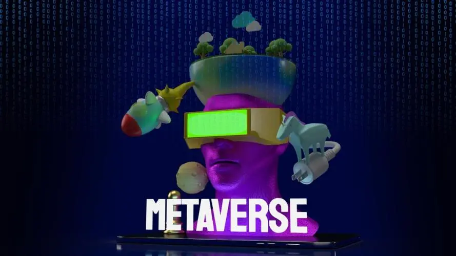 图片展示了一个紫色的3D人物头像，佩戴着虚拟现实眼镜，上方浮现着“元宇宙”概念的象征性元素，背景是数字化的蓝色。