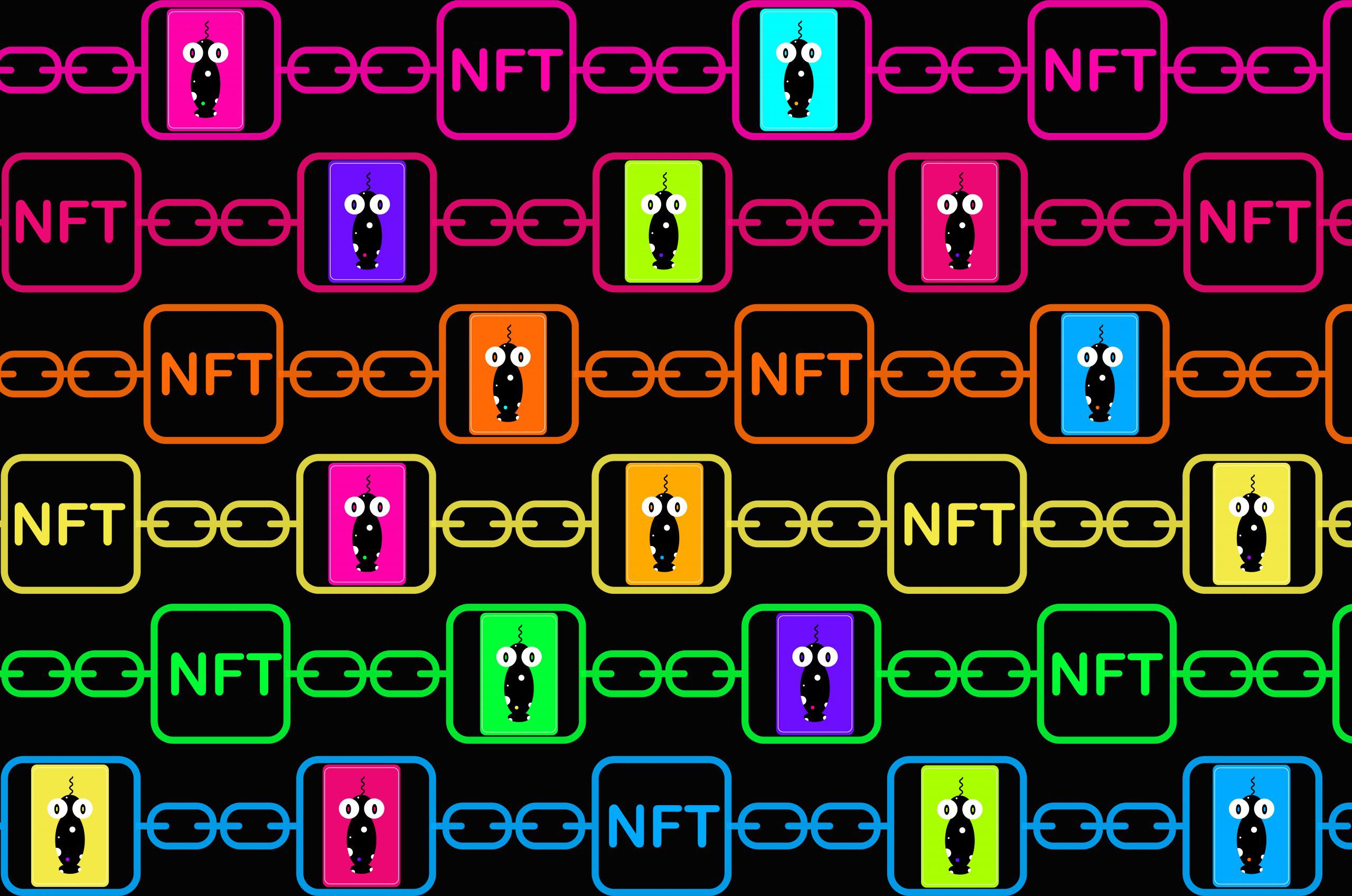 这张图片展示了多个彩色方框内的NFT字样，方框链接成链条，内有不同颜色的怪兽图案，背景为黑色。