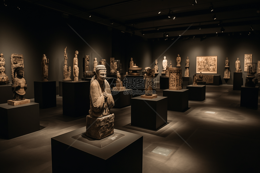 图片展示了一个昏暗照明的艺术展览室，里面陈列着多尊雕塑和浮雕作品，展现出古典艺术的氛围。