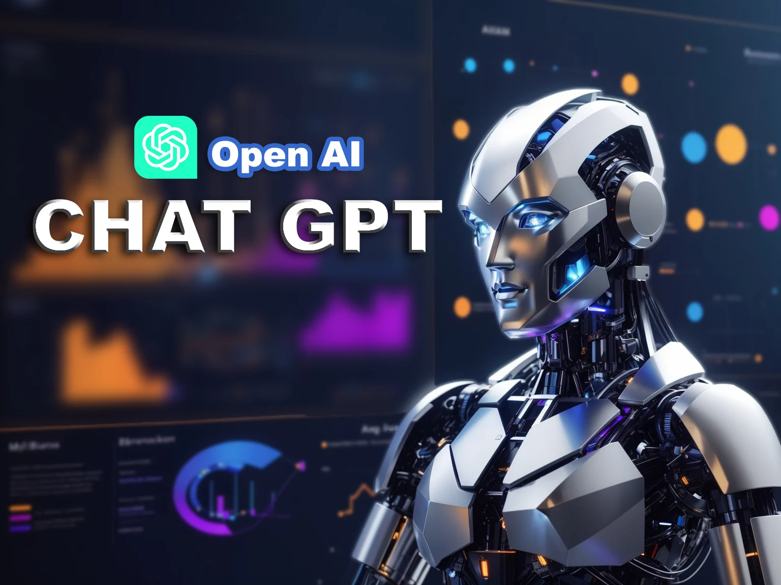 图片展示了一个具有现代科技感的机器人头部侧面，背景是带有OpenAI和CHAT GPT字样的虚拟界面。