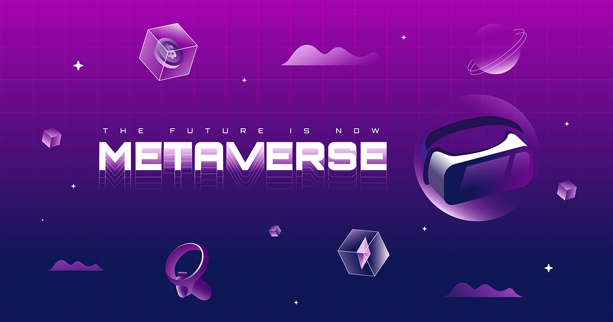 这是一张关于元宇宙概念的插图，包含虚拟现实头盔、3D图形和“THE FUTURE IS NOW METAVERSE”字样。色调为紫色调。