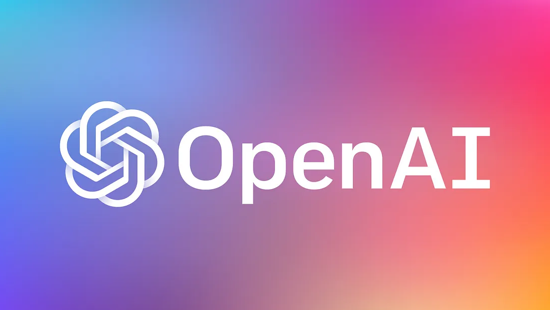 图片展示的是OpenAI的标志，采用了渐变的蓝紫色背景，标志中心是由几个相互链接的白色几何形状组成。