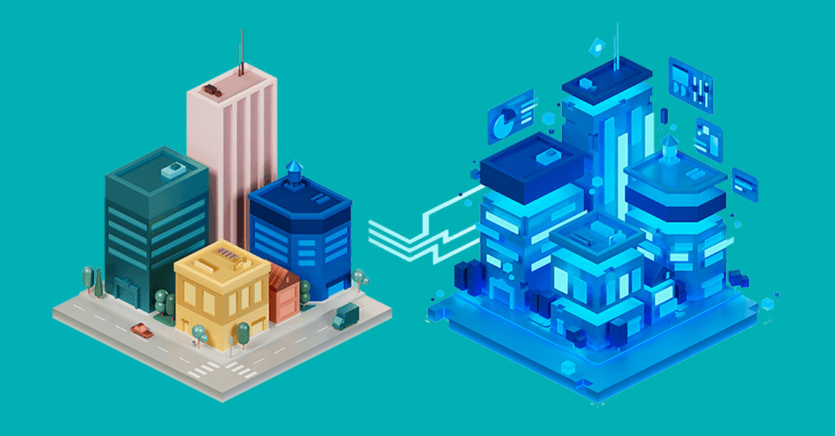 这是一张描绘两座风格迥异的虚拟城市的插图，一边是传统建筑，另一边是现代或科幻风格的建筑，图中有连接两城的箭头。