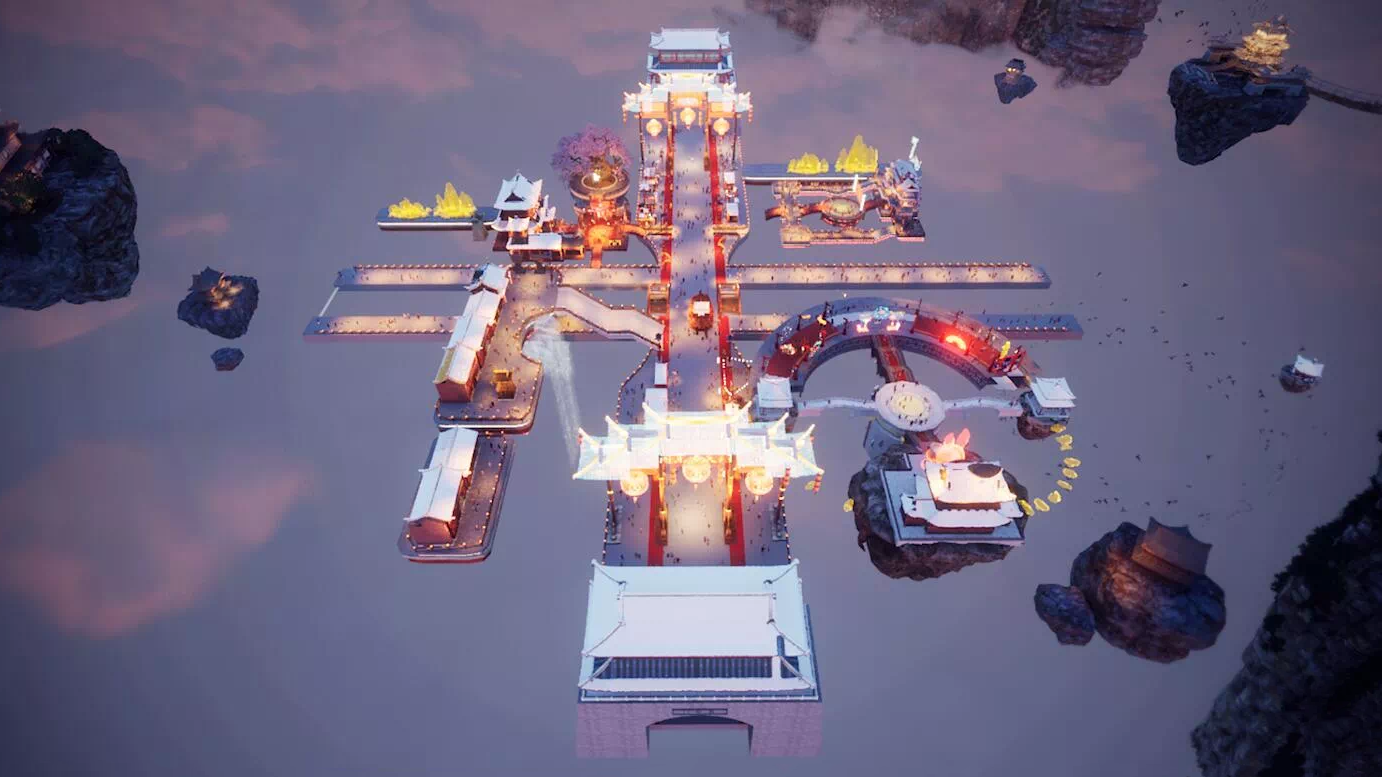 这是一张游戏风格的图片，展示了一个悬浮的幻想建筑群，其中包括亭台楼阁，桥梁连接，色彩艳丽，环境神秘。