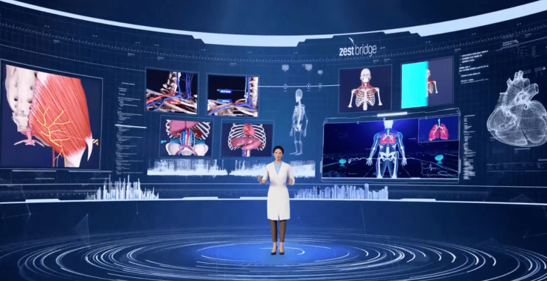 图片展示一位女士站在高科技房间内，周围是多个显示人体解剖结构的大屏幕，场景像是未来医学讲座或研究中心。