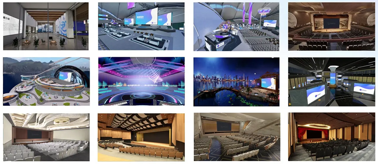 这是一组展示不同会议室和剧院内部设计的图片，包括现代化的会议设施和传统的剧院座椅布局。