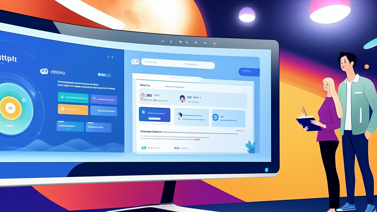 图片展示一对男女站在巨大屏幕前，屏幕显示着一个色彩鲜艳的网站界面，可能是某个在线服务或软件产品。