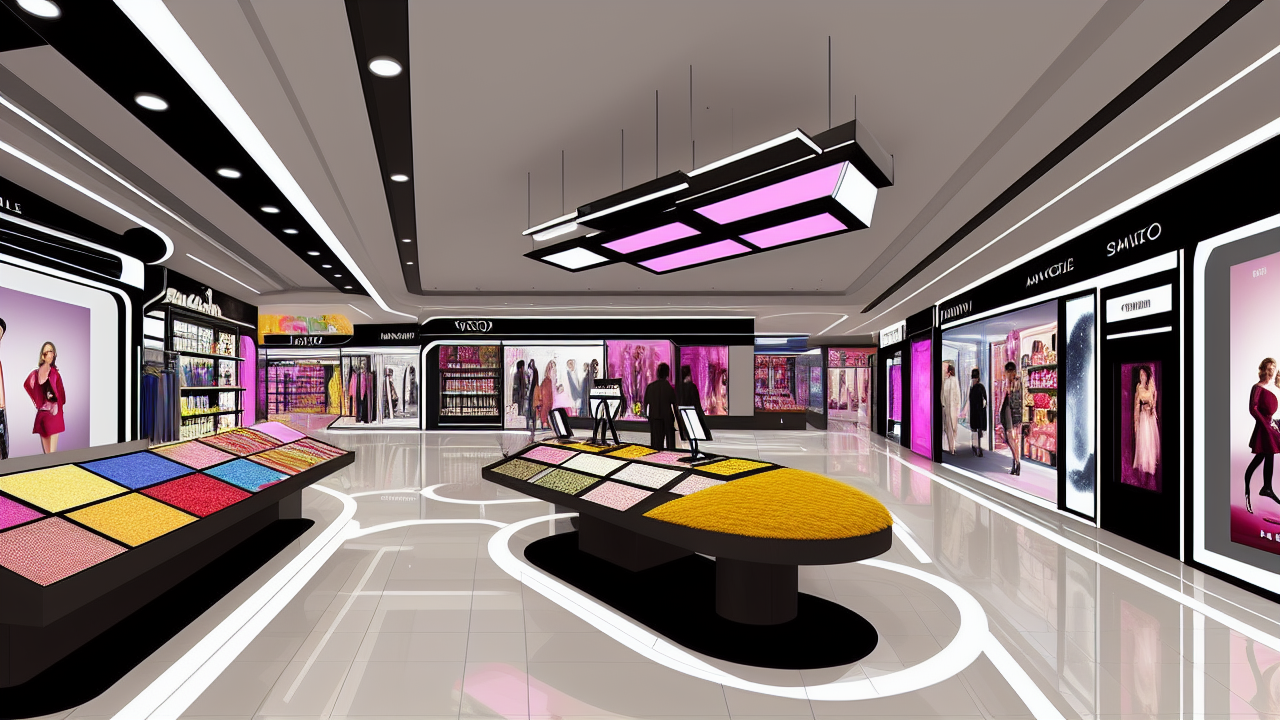 这是一家现代化的化妆品店内部效果图，展示有多个品牌专柜和中央的试妆区，色彩鲜明，设计时尚。
