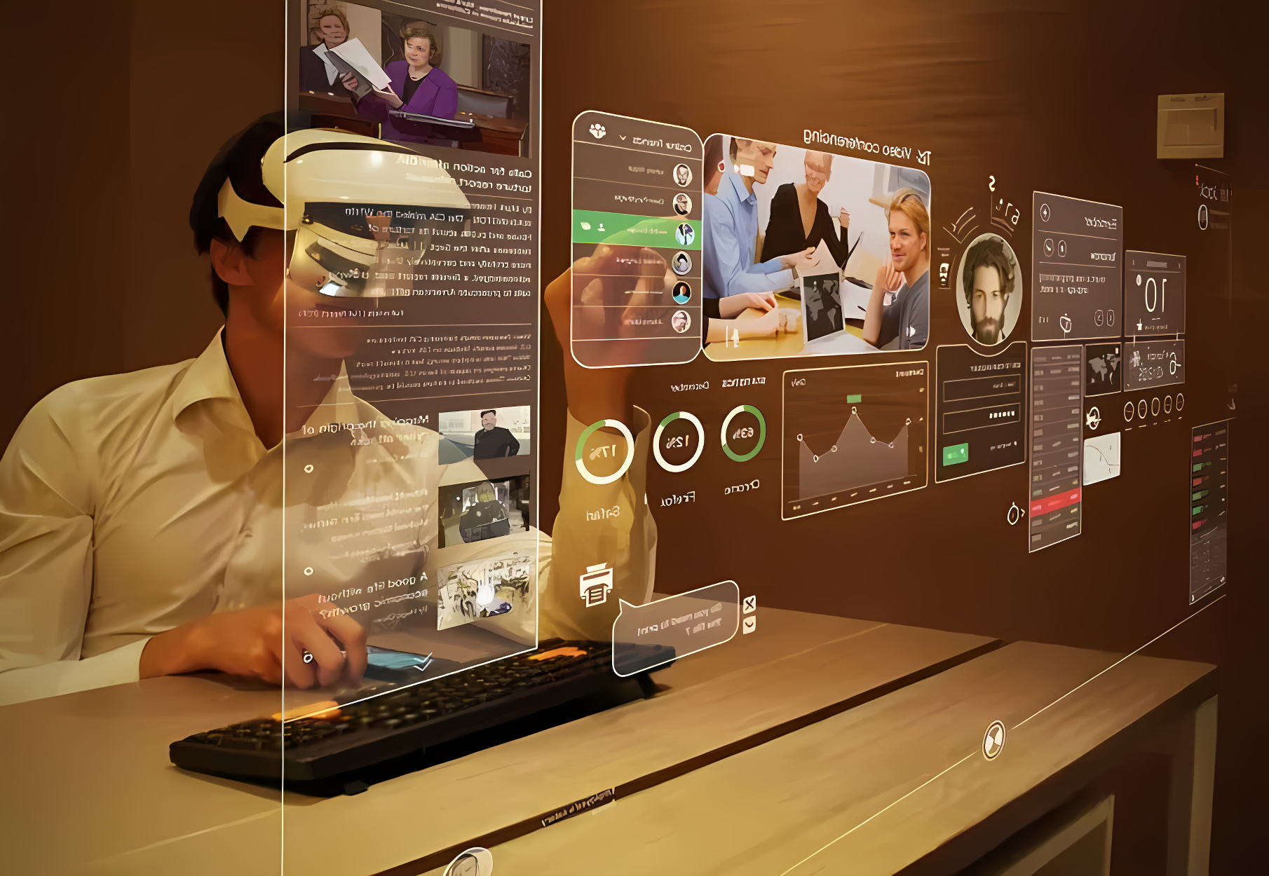 图片展示一位男士戴着头戴式设备，面前是虚拟现实中的多个悬浮屏幕，正在进行高科技交互操作。