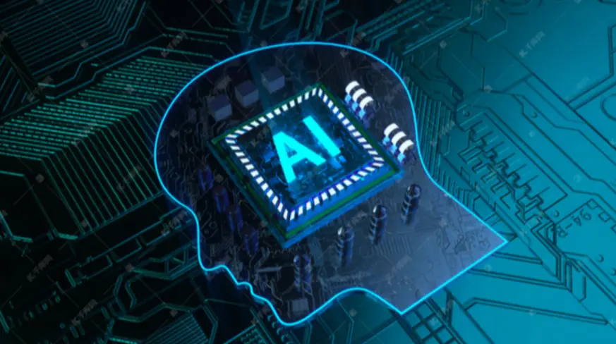 这张图片展示了一个人脑轮廓内嵌有代表人工智能的AI芯片，背景是电路板图案，象征着人工智能与人脑的结合。