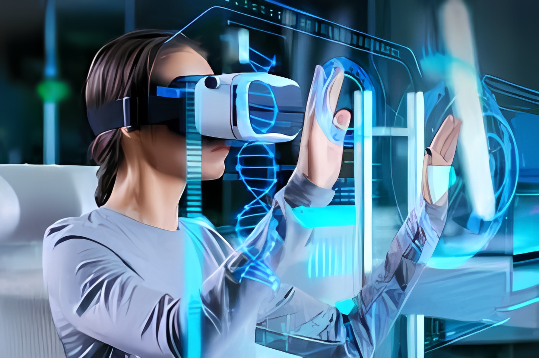 图片展示一位女性戴着虚拟现实头盔，正用手触摸前方虚拟的三维图形界面，体验沉浸式科技互动。