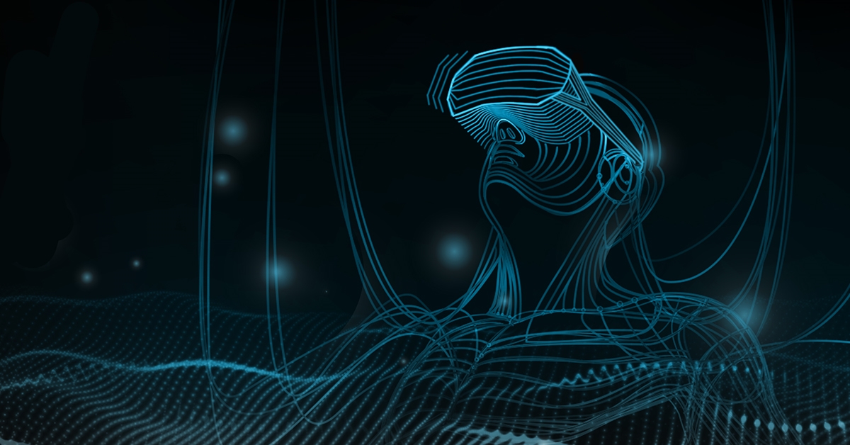 这张图片展示了一位佩戴虚拟现实头盔的人的线条轮廓，背景是深色调的数字化波纹和星点。