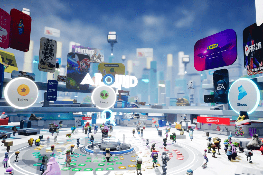这是一幅虚拟现实空间的图像，多彩的虚拟角色聚集，周围是各种游戏和应用的广告牌，现代科技感十足。