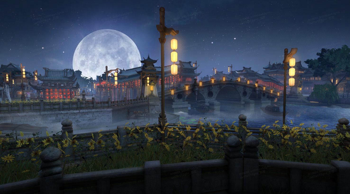 这是一幅东亚风格的夜景图，包含一座石桥、古建筑、明亮的月亮和前景的栏杆与花朵。