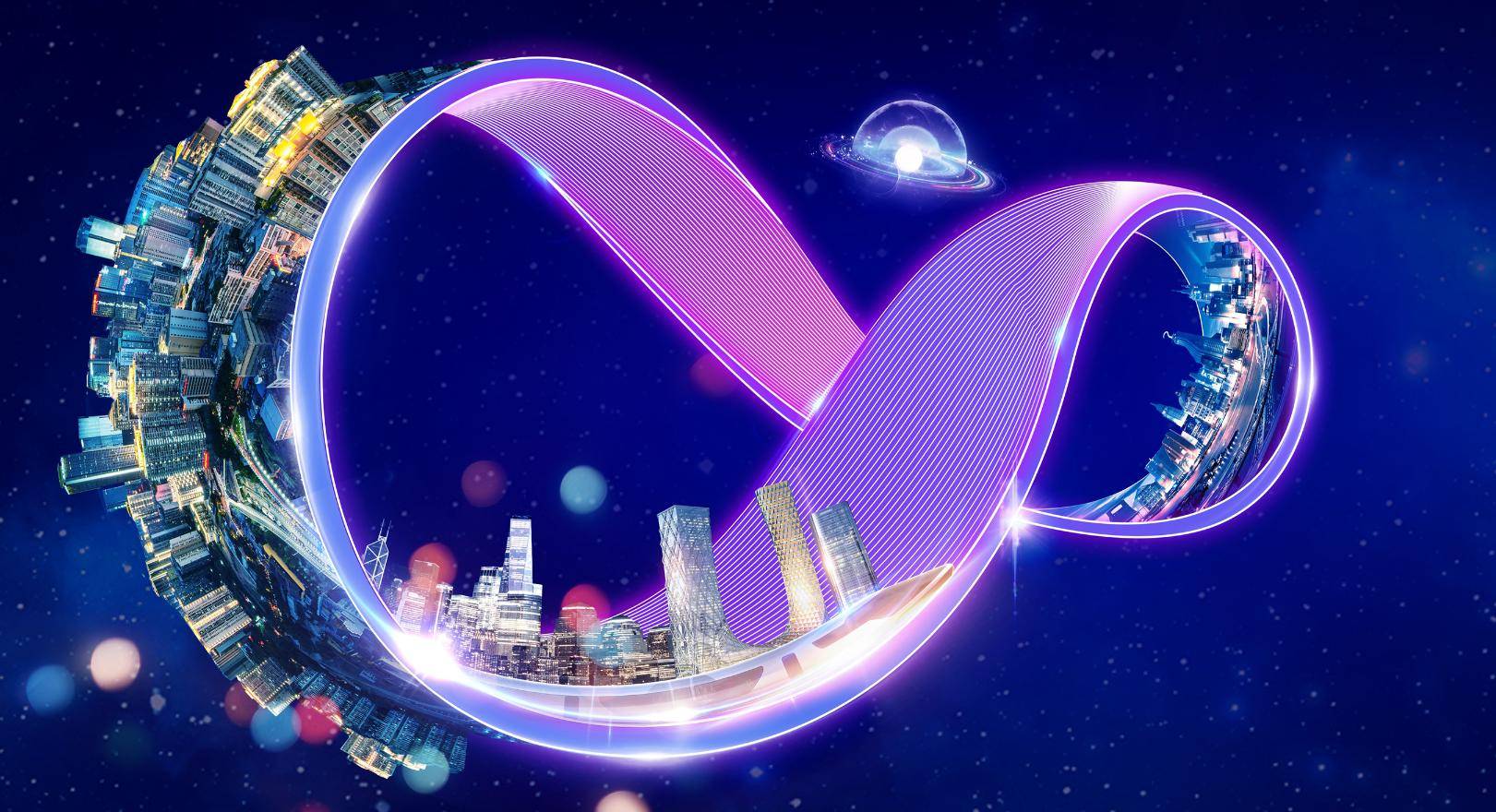 这是一幅展现未来科幻城市的艺术图，城市沿着环形结构延伸，伴随着炫目的紫色光环，在浩瀚星空中呈现无限循环之态。