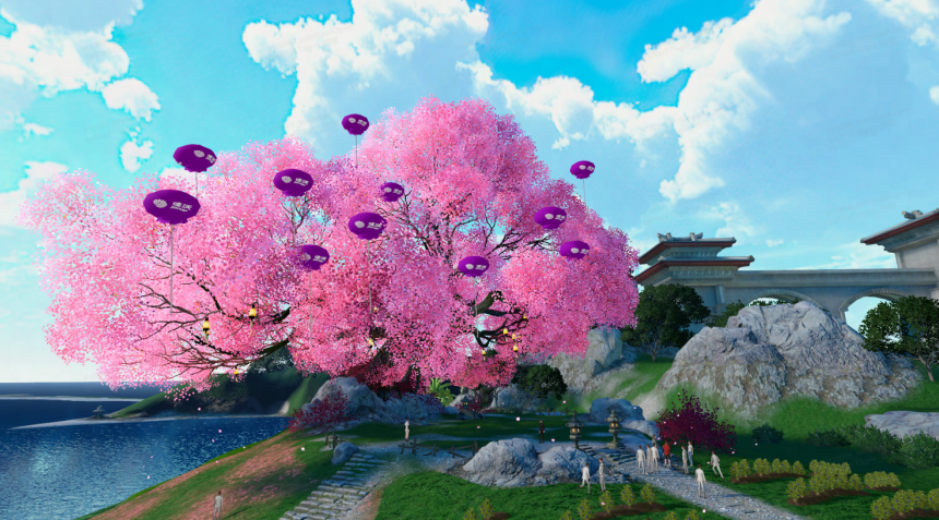 这是一张虚拟风景图，图中有盛开的粉色樱花树，天空中飘着紫色气球，背景是一座桥和湛蓝的天空。