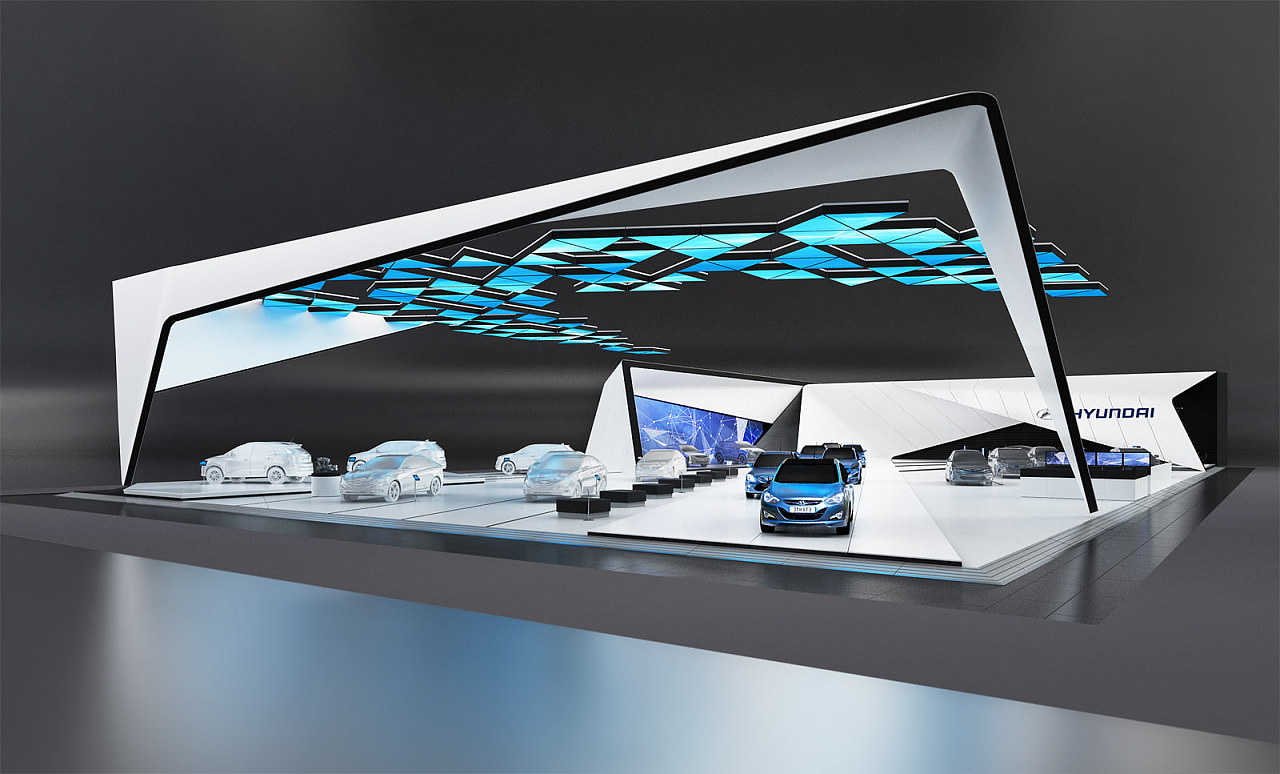 这是一家现代感十足的汽车展厅，展示多款车辆，设计简约而未来派，以白色和蓝色为主调，灯光照明炫酷。
