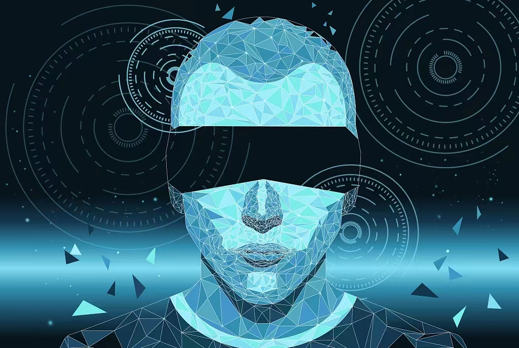 这是一张描绘多边形构成的虚拟人脸与科技感背景的图片，图中人脸呈现数字化效果，背景有复杂的几何图形和线条。