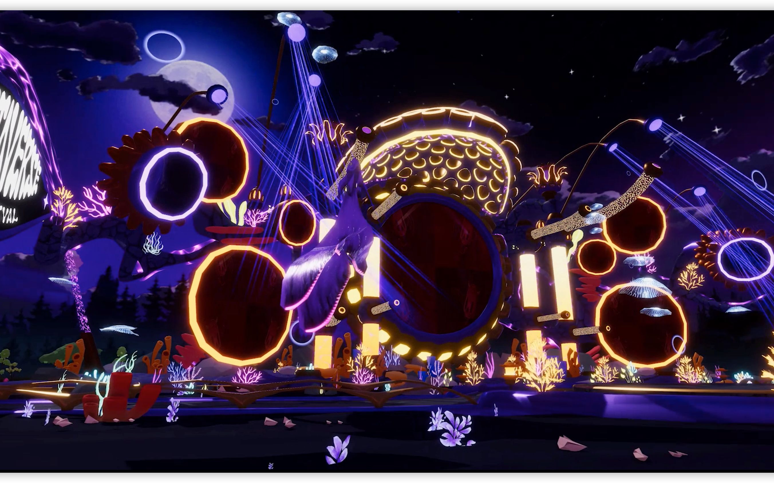 这是一张色彩斑斓的夜景图片，展示了灯光璀璨的音乐节场景，有巨大的乐器和音符装置，营造出梦幻般的氛围。