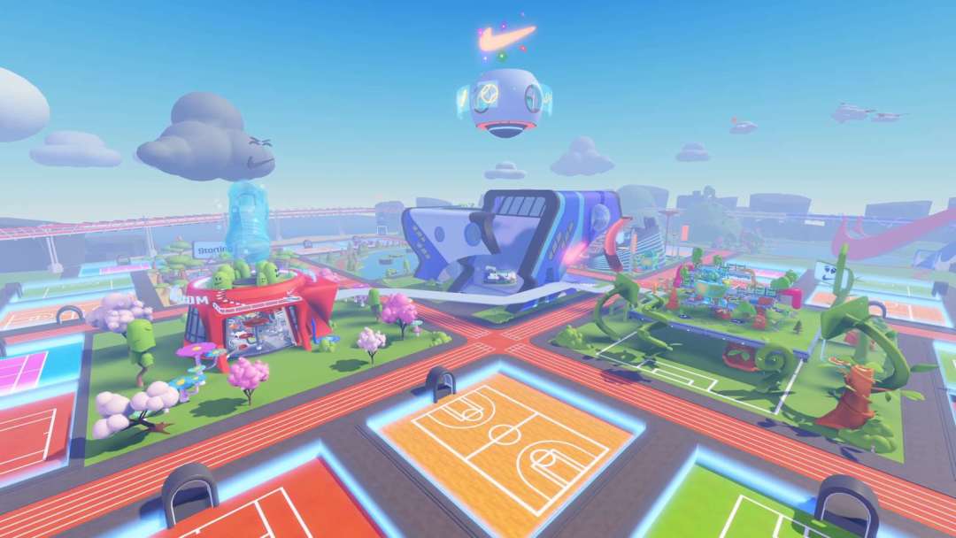 这是一张充满活力的虚拟游戏场景图，包含多个运动场地，色彩鲜明，有飞船和卡通形象，显得未来感十足和充满乐趣。