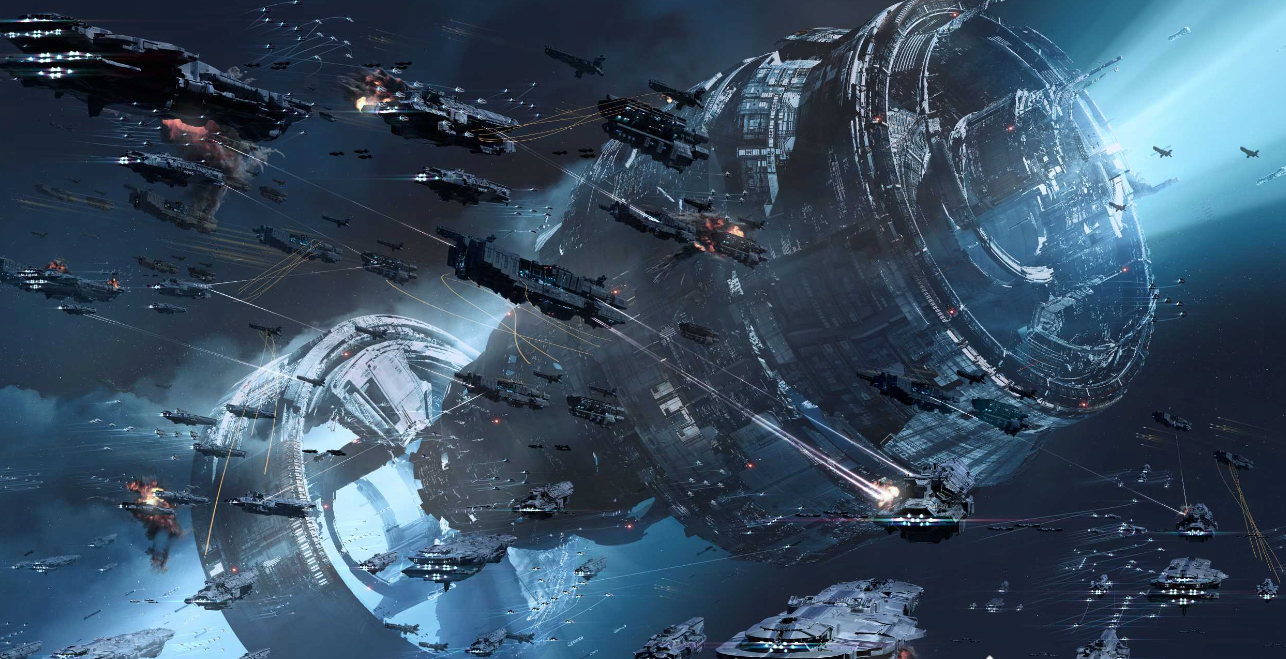 这是一幅描绘太空战斗场景的科幻画作，展现了多艘宇宙飞船在星际中交火，激光束纵横交错，背景是星空和星球残骸。