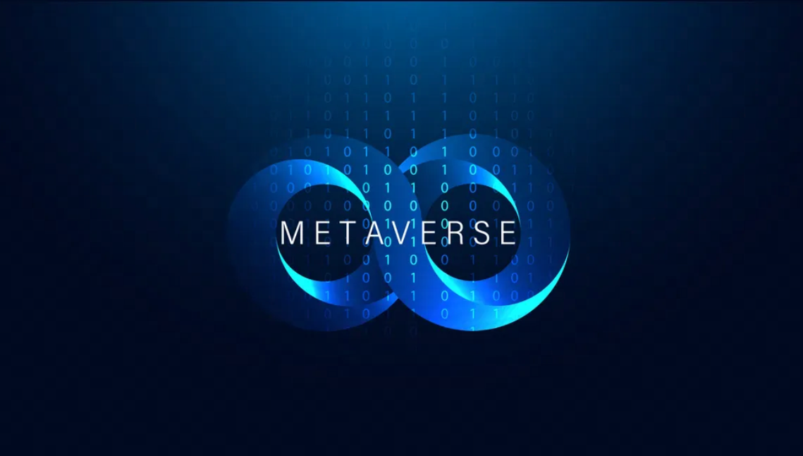 这张图片展示了蓝色背景上的数字零和一，形成两个交叉的圆圈，中间写着“METAVERSE”字样，体现了数字化和虚拟世界的概念。