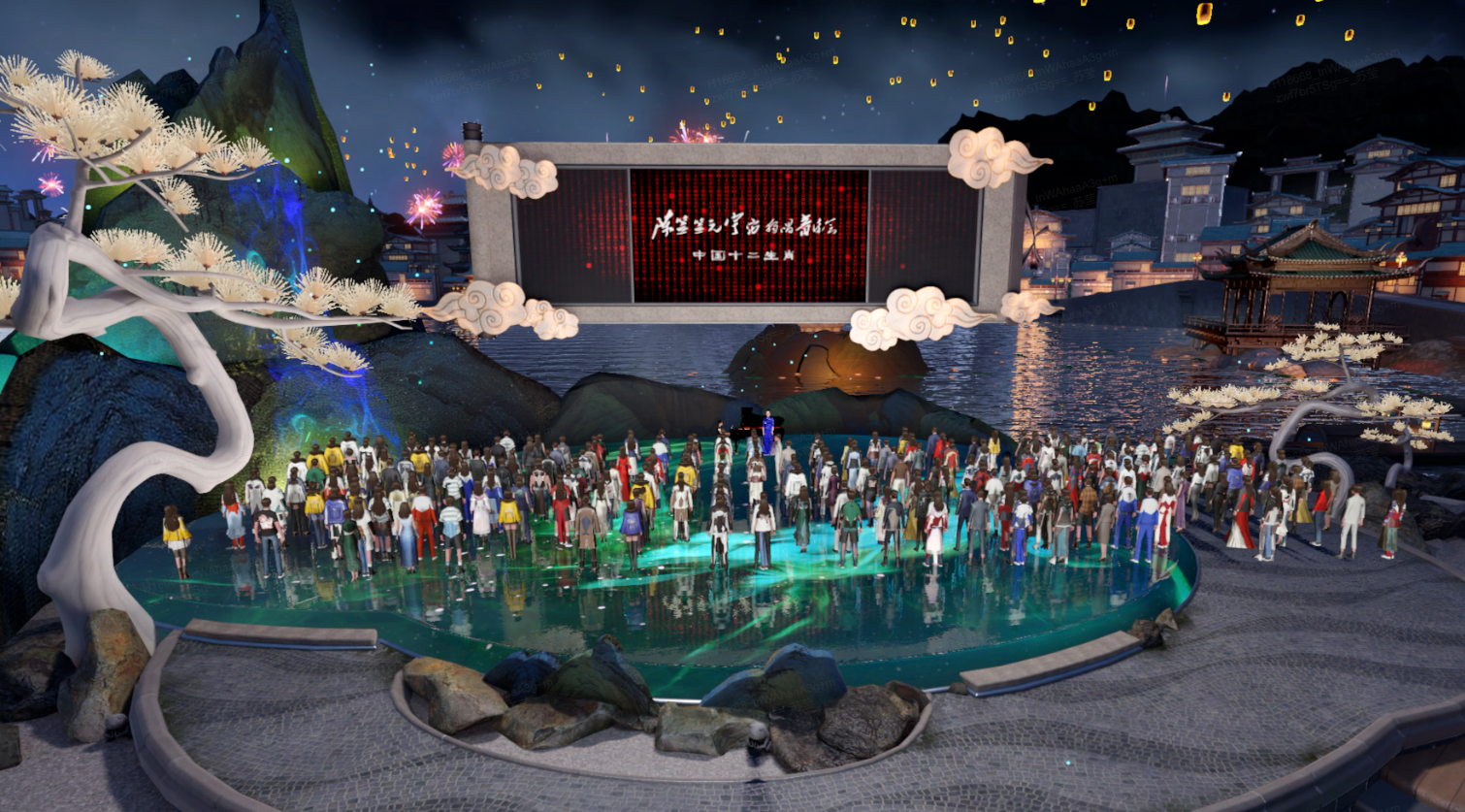 这是一张动漫风格的虚拟场景图，展示众多人物聚集在水池旁，背景有建筑物与烟花，整体气氛庆祝而祥和。