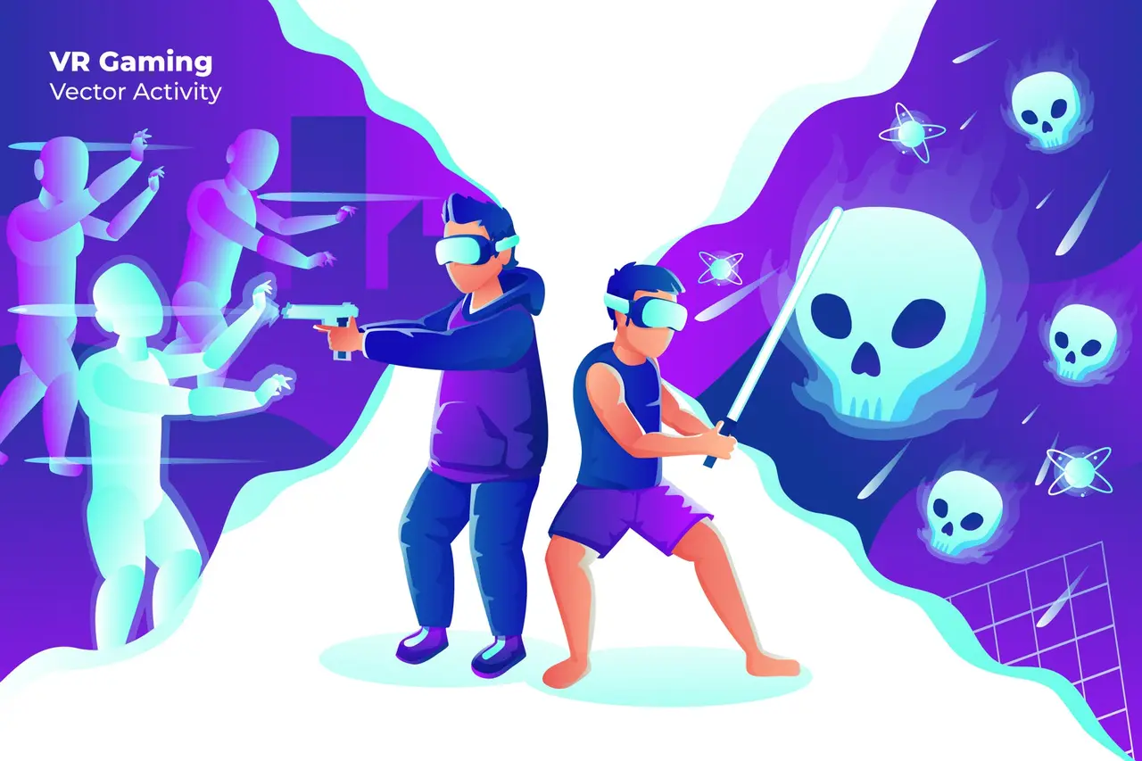图片展示了两个人正在体验虚拟现实游戏，背景是紫色调，有骷髅和星球元素，强调科技感和游戏氛围。