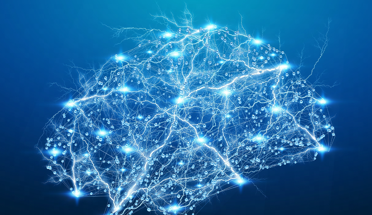 这张图片展示了一个类似大脑的网络结构，由许多发光的节点和连线组成，呈现出复杂的连接模式，背景是深蓝色。