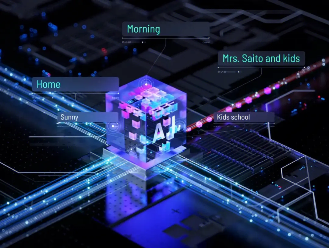 这是一张展示人工智能概念的图片，有立体的“AI”字样，背景是电路板，显示了日常生活信息，如天气和家庭成员动态。