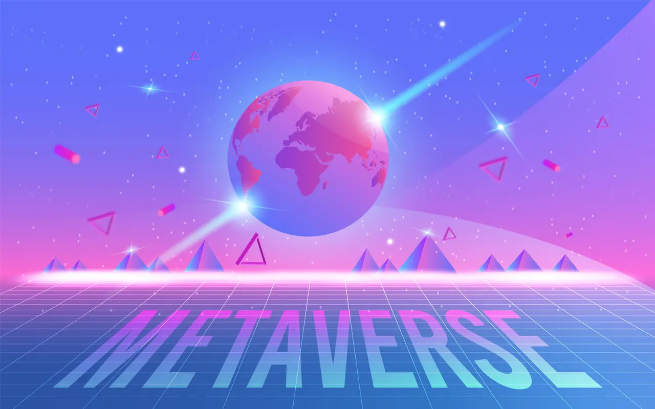 这张图片展示了一个带有“METAVERSE”字样的虚拟现实场景，有地球图标悬浮在充满未来感的数字化景观上方，色彩鲜艳，充满科技感。