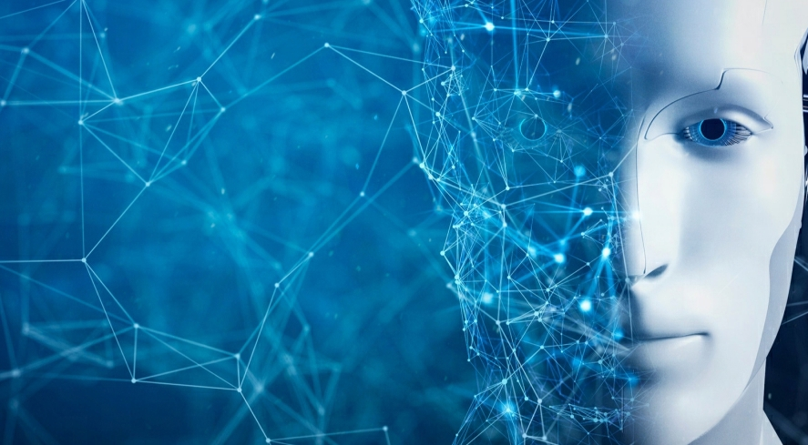 图片展示了一个白色机器人头像，背景为蓝色带有网络连接图案的抽象设计，体现了科技和人工智能的主题。