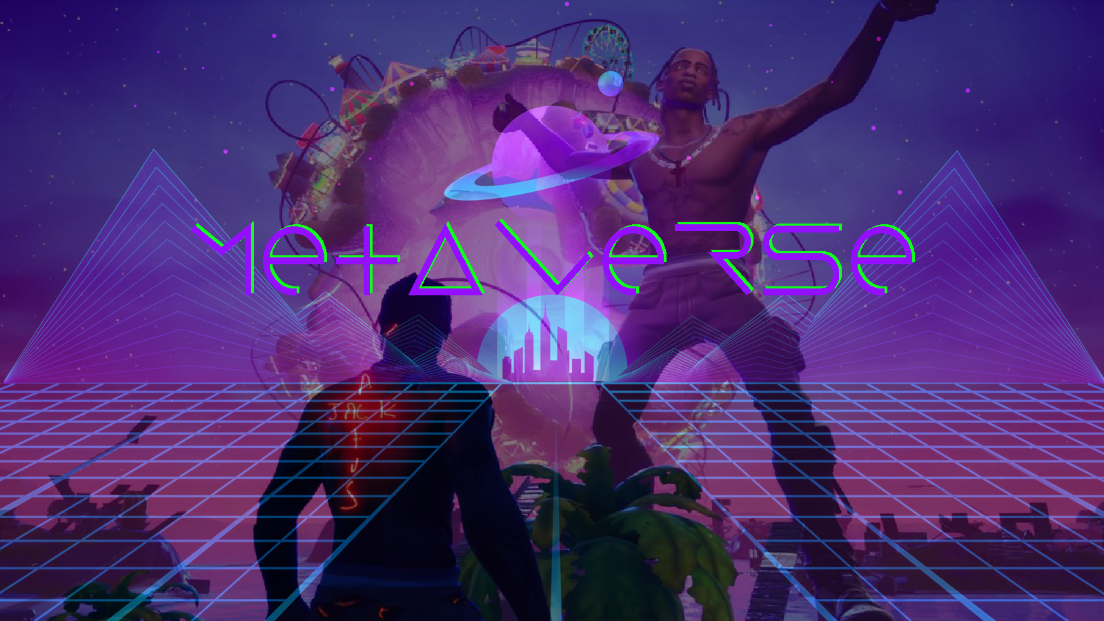 图片展示了一个虚拟现实场景，有一个人物站立在前景，背景是紫色调的天空，上方有