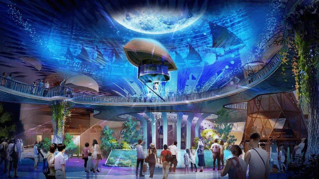 这是一张描绘未来主题公园概念的图片，展示了室内巨大海洋生态系统，有游客漫步欣赏，环境充满科幻色彩。
