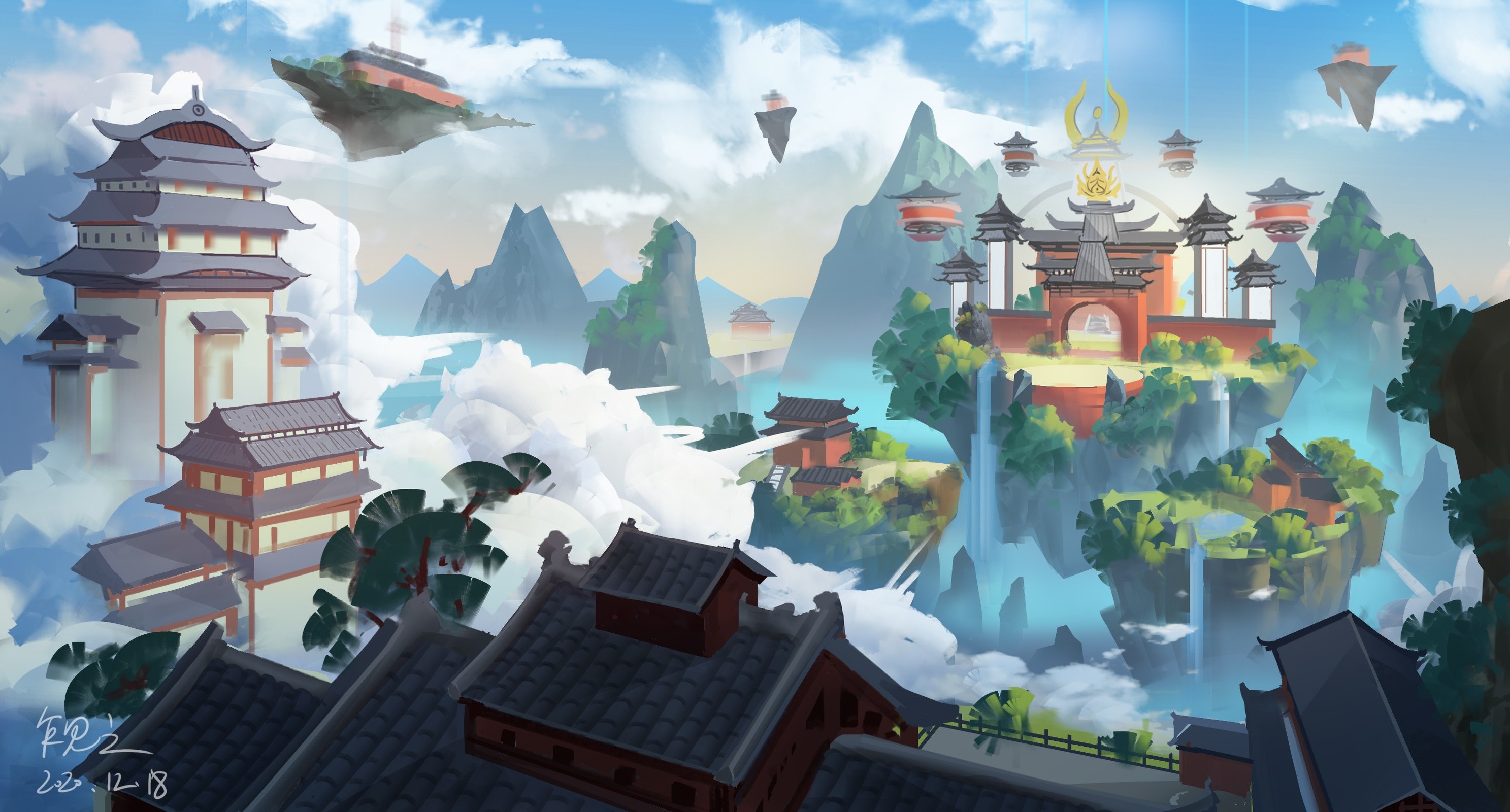 这是一幅描绘东方幻想风格的概念艺术画，画中有云雾缭绕的山峰，飘浮的岛屿，古典建筑和一座宏伟的宫殿。