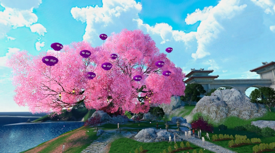 这是一张风景图片，展示了盛开的粉红色樱花树，周围有岩石、小径，远处是桥梁和湛蓝的天空。