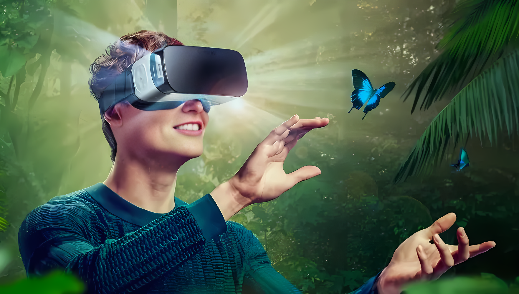 图片展示一位男士戴着虚拟现实头盔，似乎在体验虚拟世界，周围有蝴蝶和绿色植物，表情愉悦，充满好奇。