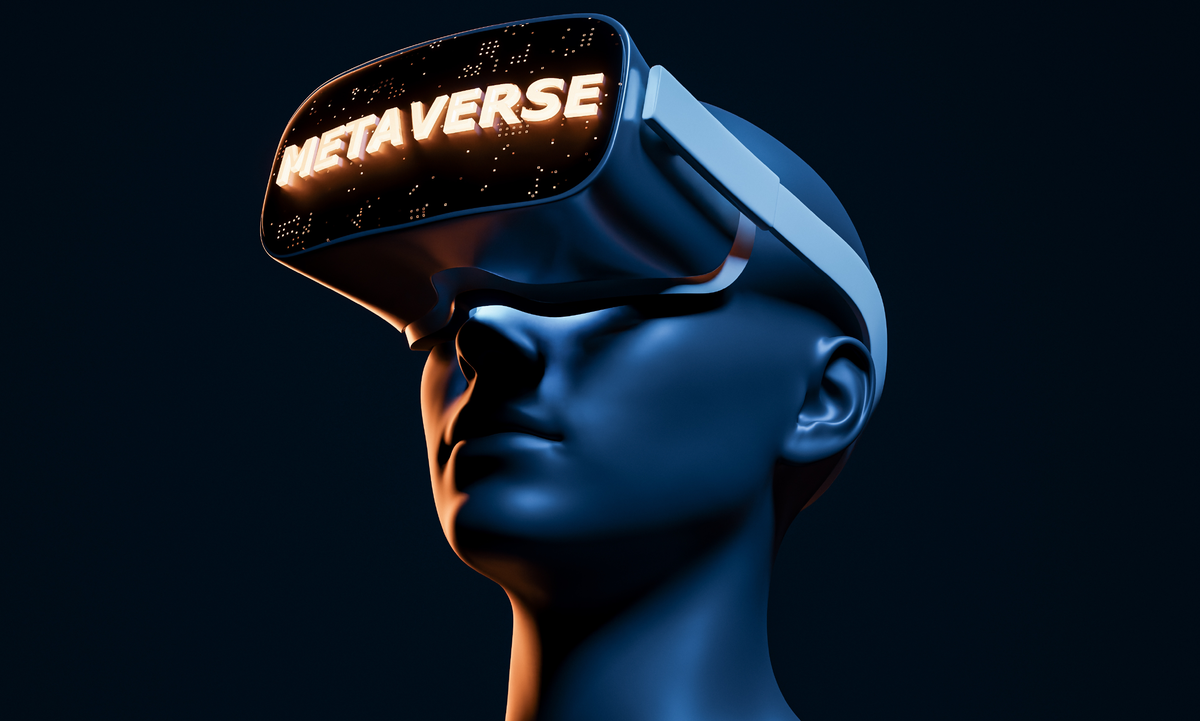 这是一张3D渲染图，展示了一个穿戴写有“元宇宙”字样的虚拟现实头盔的人类模型，背景为深色调。