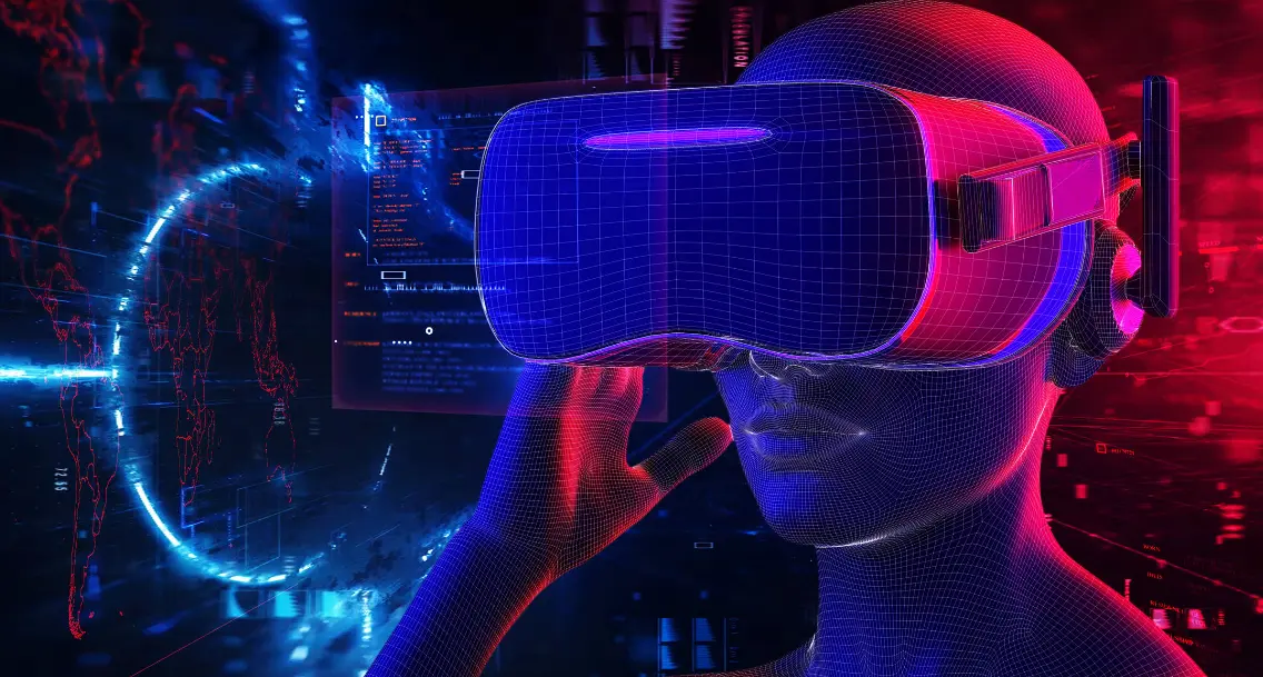 这是一张展示虚拟现实头盔的图片，头盔戴在一个数字化模型的头上，背景是充满科技感的数字界面和光效。