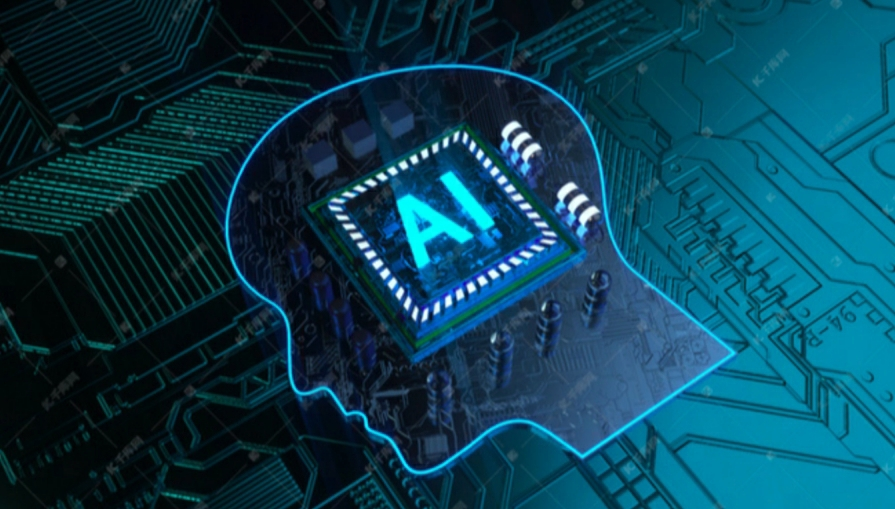 这是一张描绘人工智能概念的图片，展示了一个芯片内嵌在大脑轮廓中，背景是电路板图案，寓意AI与人脑思维的结合。