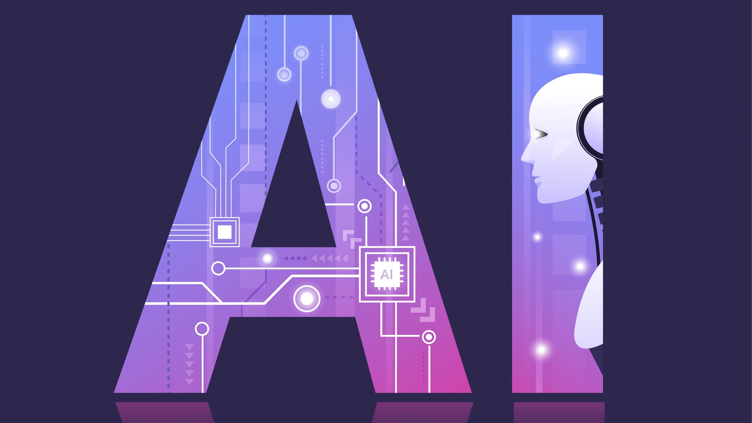 图片展示了一个结合了电路板图案的大写字母“A”，旁边是一个代表人工智能的机器人头像，整体风格科技感强，色调以紫色为主。